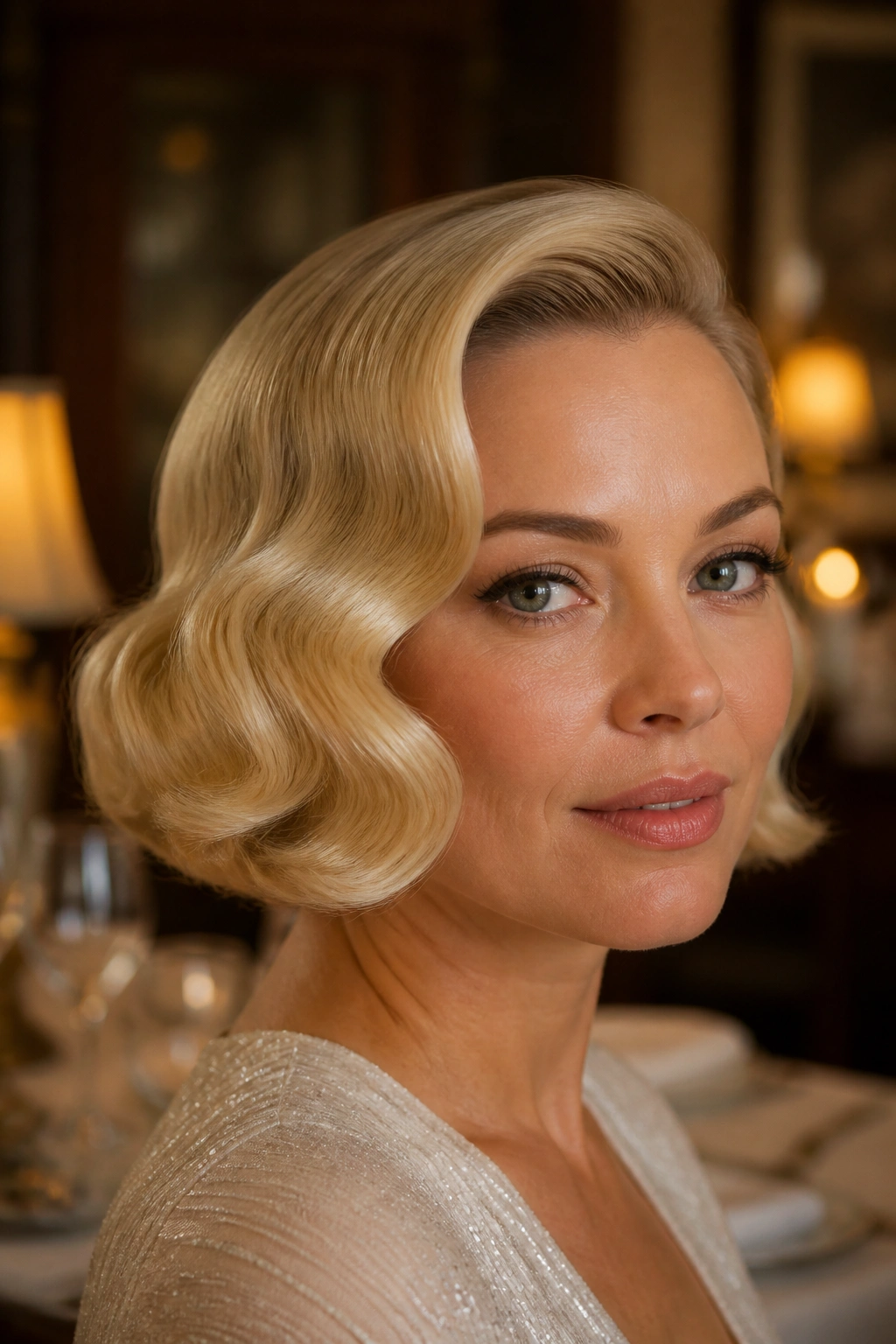 Real woman with champagne blonde S-wave bob and side part