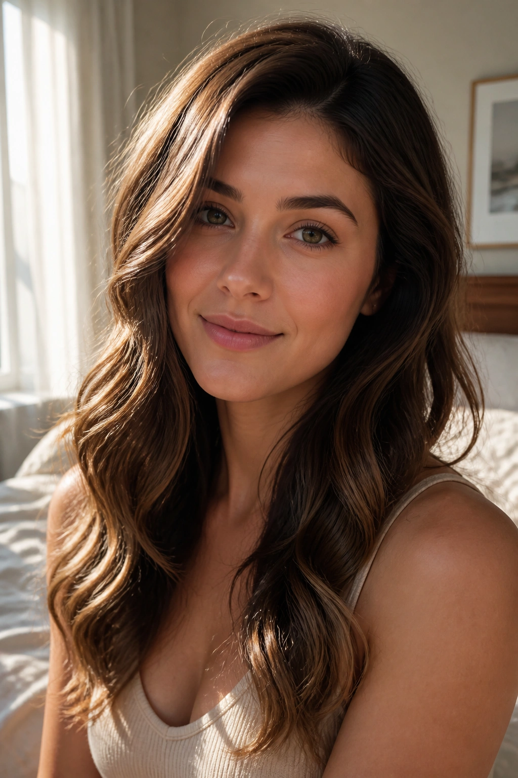 Close-up of a woman with S-waves and a diagonal part in natural light