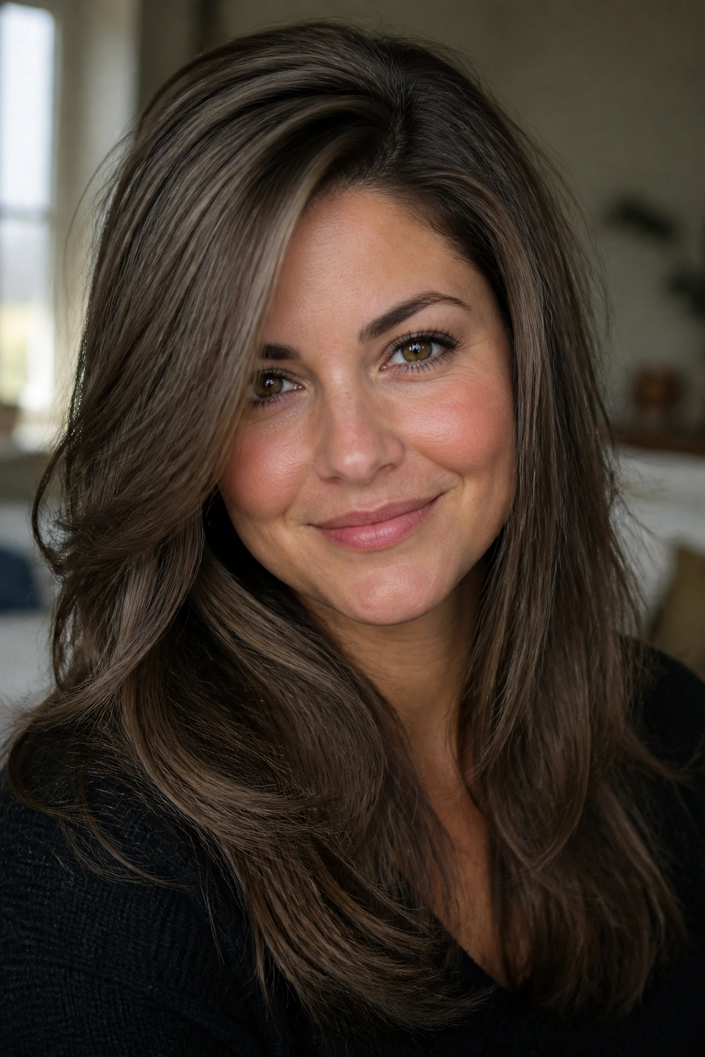 Close-up of a real woman with sable ash brown hair and a side-parted style.