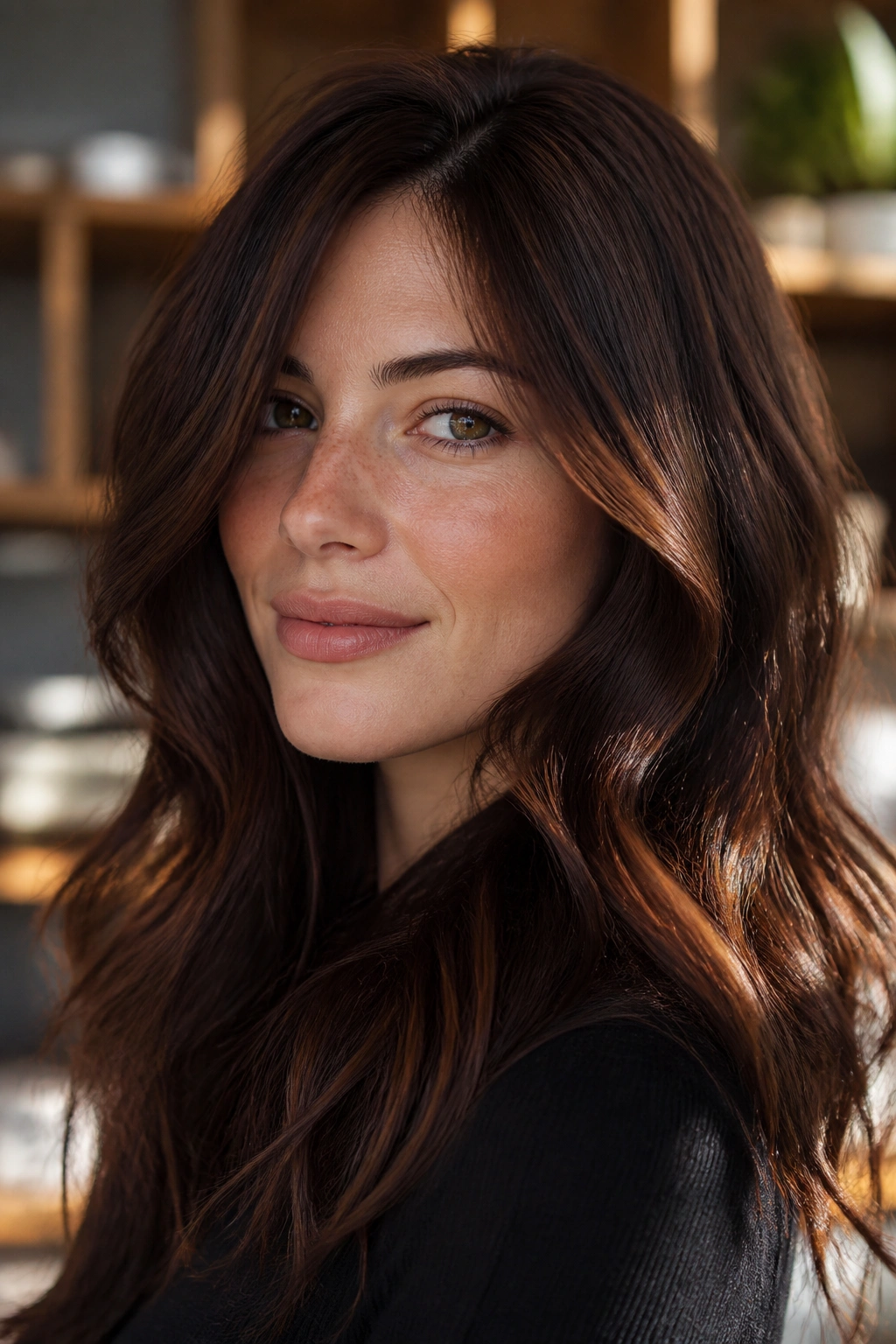 Close-up of a real woman with sable auburn hair in sunlit interior