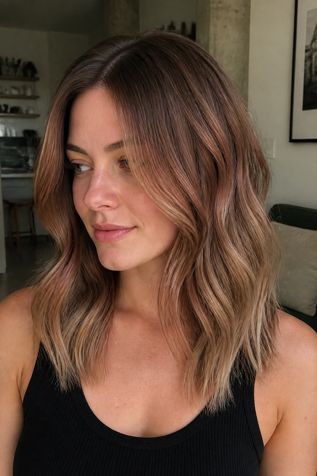 Head-and-shoulders portrait of a real woman with Sable Auburn Melt