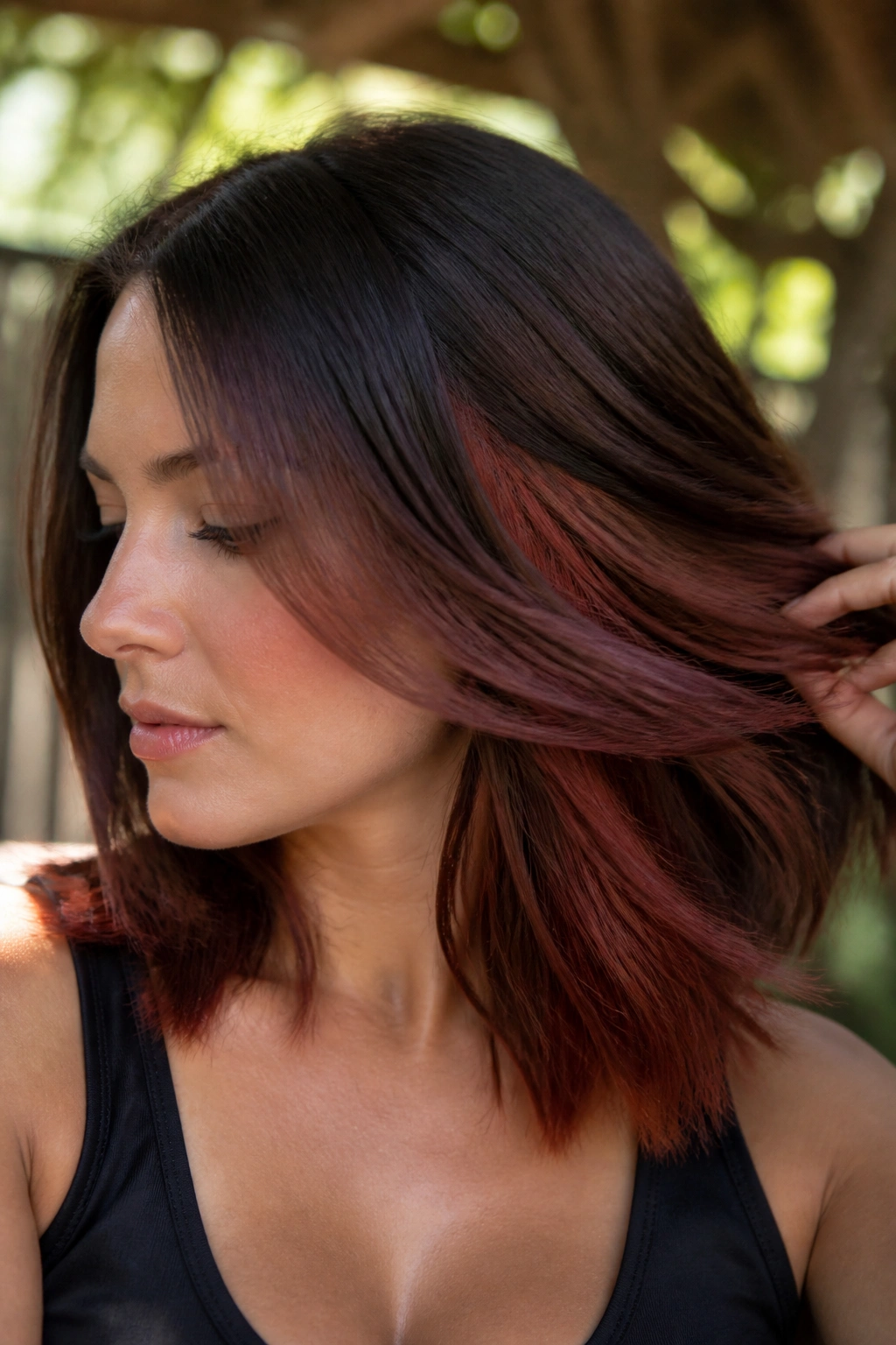 Close-up of sable auburn underlights on a real woman's shoulder-length hair