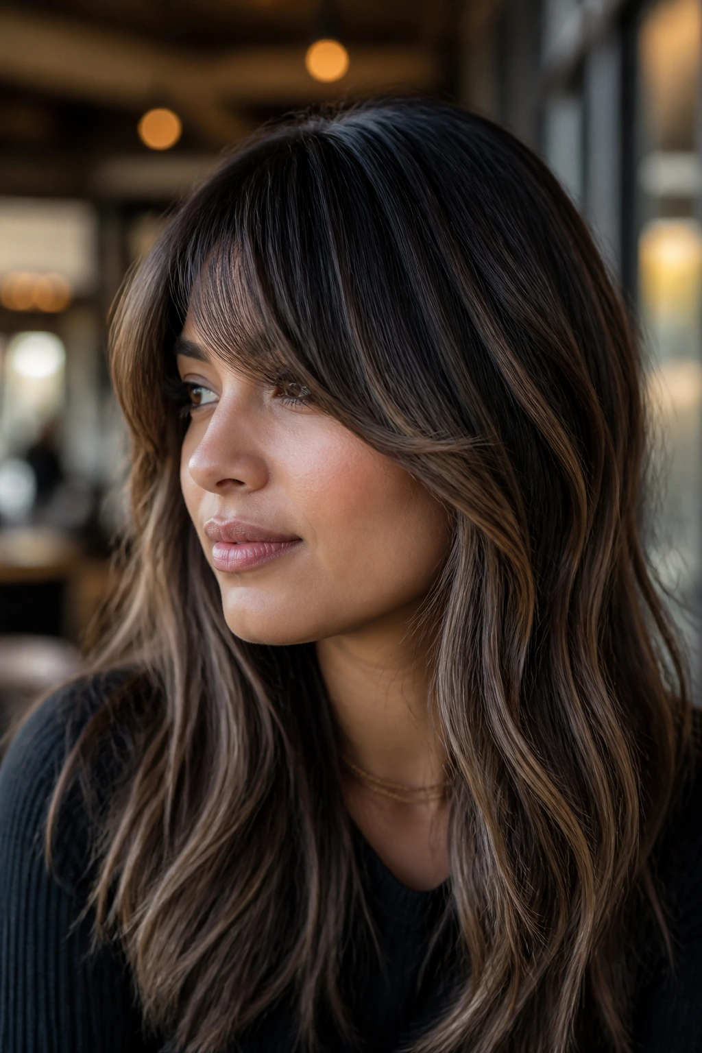 Close-up portrait of a real woman with sable balayage and soft side fringe