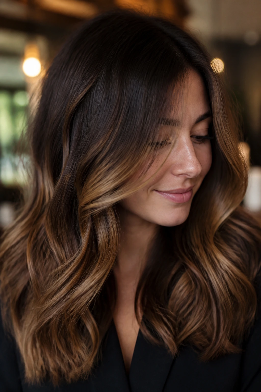Close-up of sable brown hair with caramel face framing and ends