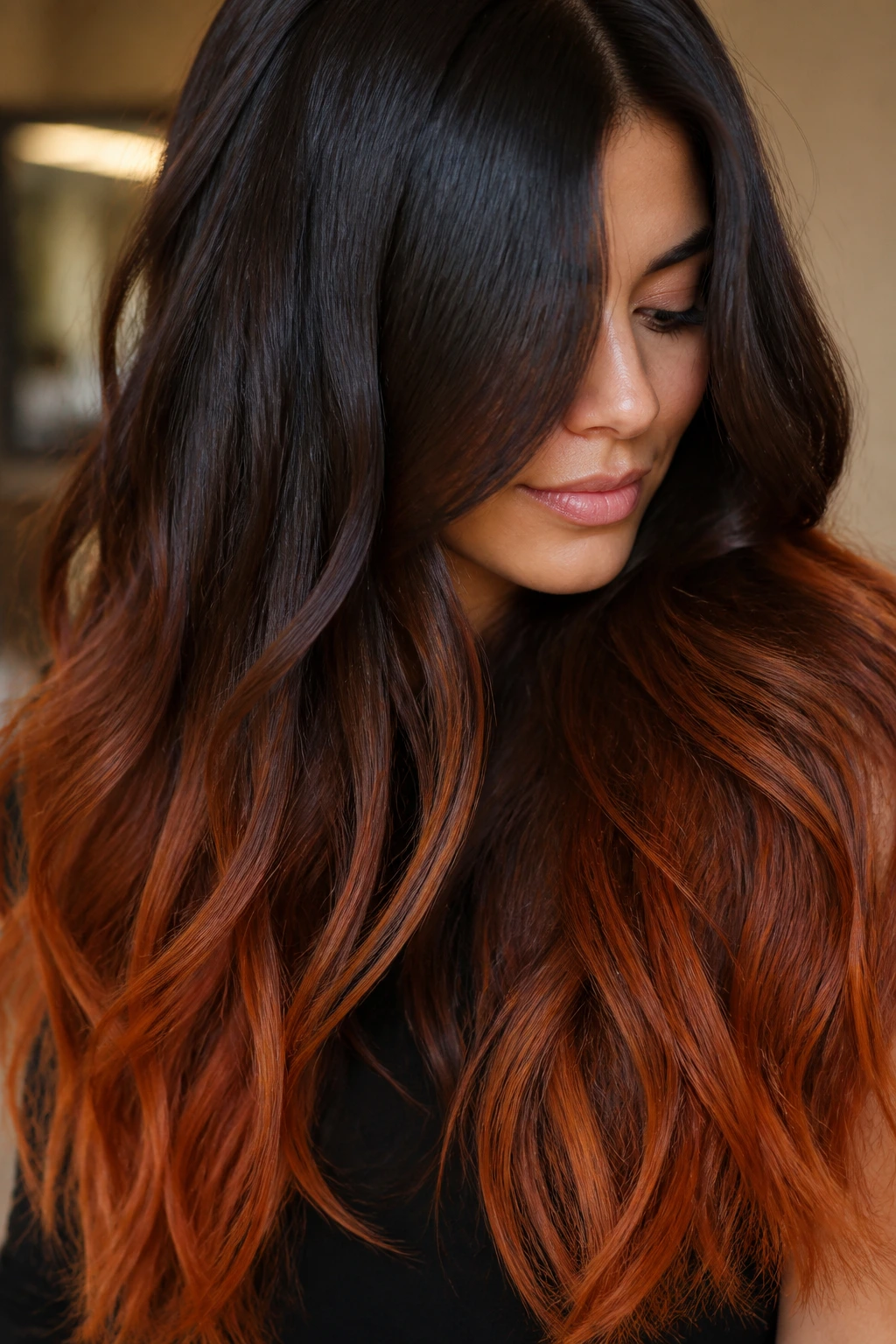 Portrait of a real woman with sable brown roots and copper ends on long hair