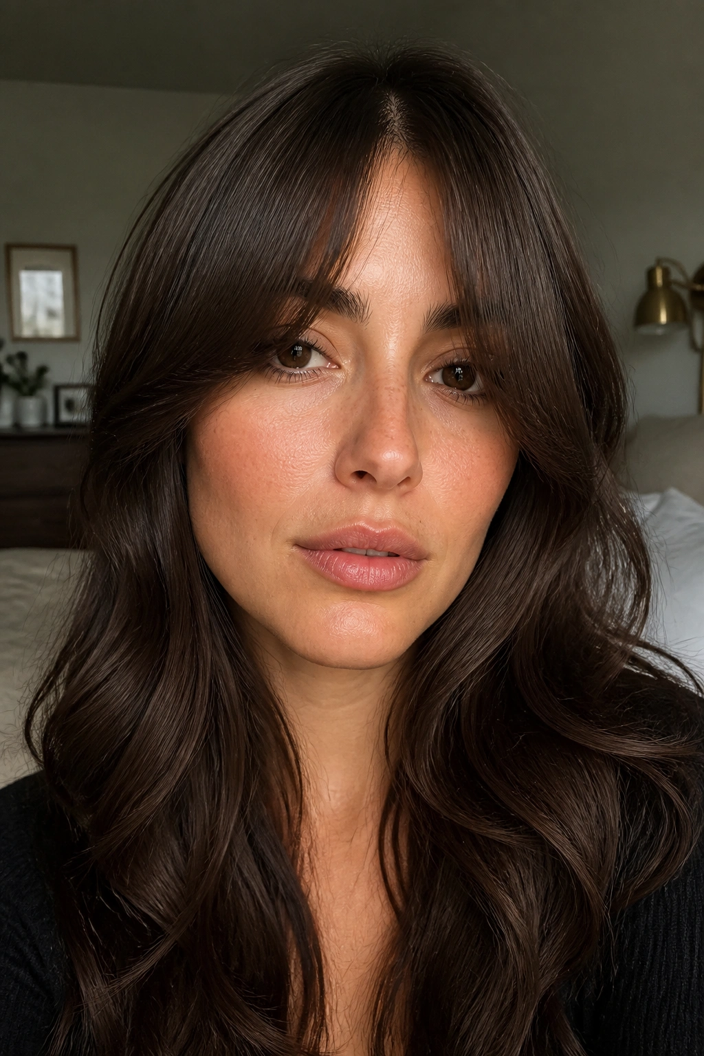 Close-up portrait of a real woman with sable brown hair and curtain bangs.