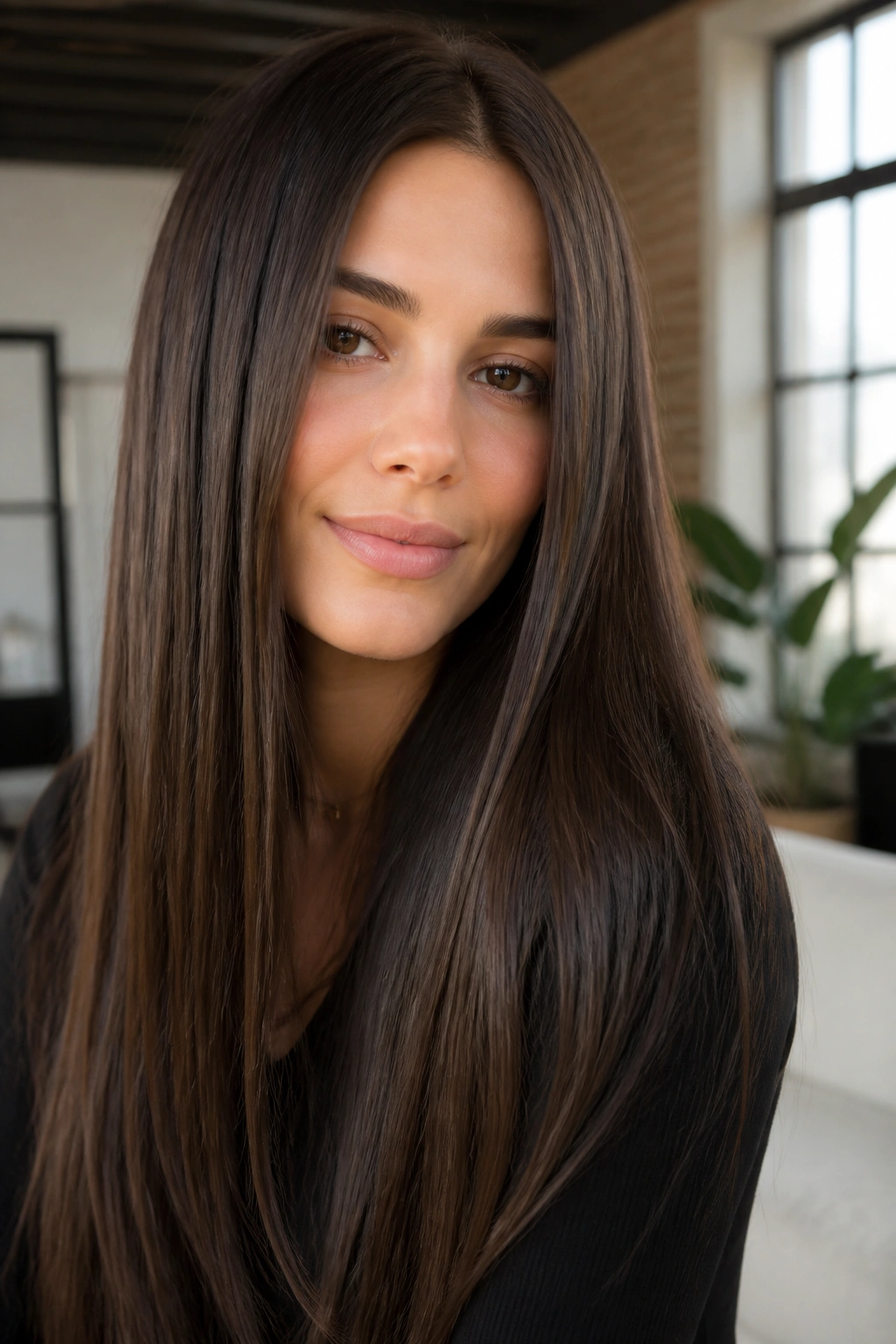 Close-up portrait of a woman with sable brown hair and a glassy straight finish