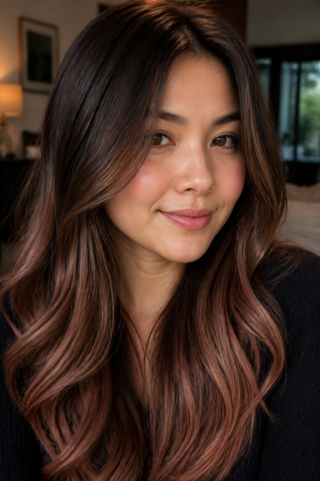Close-up of a real woman with sable brown hair and subtle rose-brown ends, soft natural light