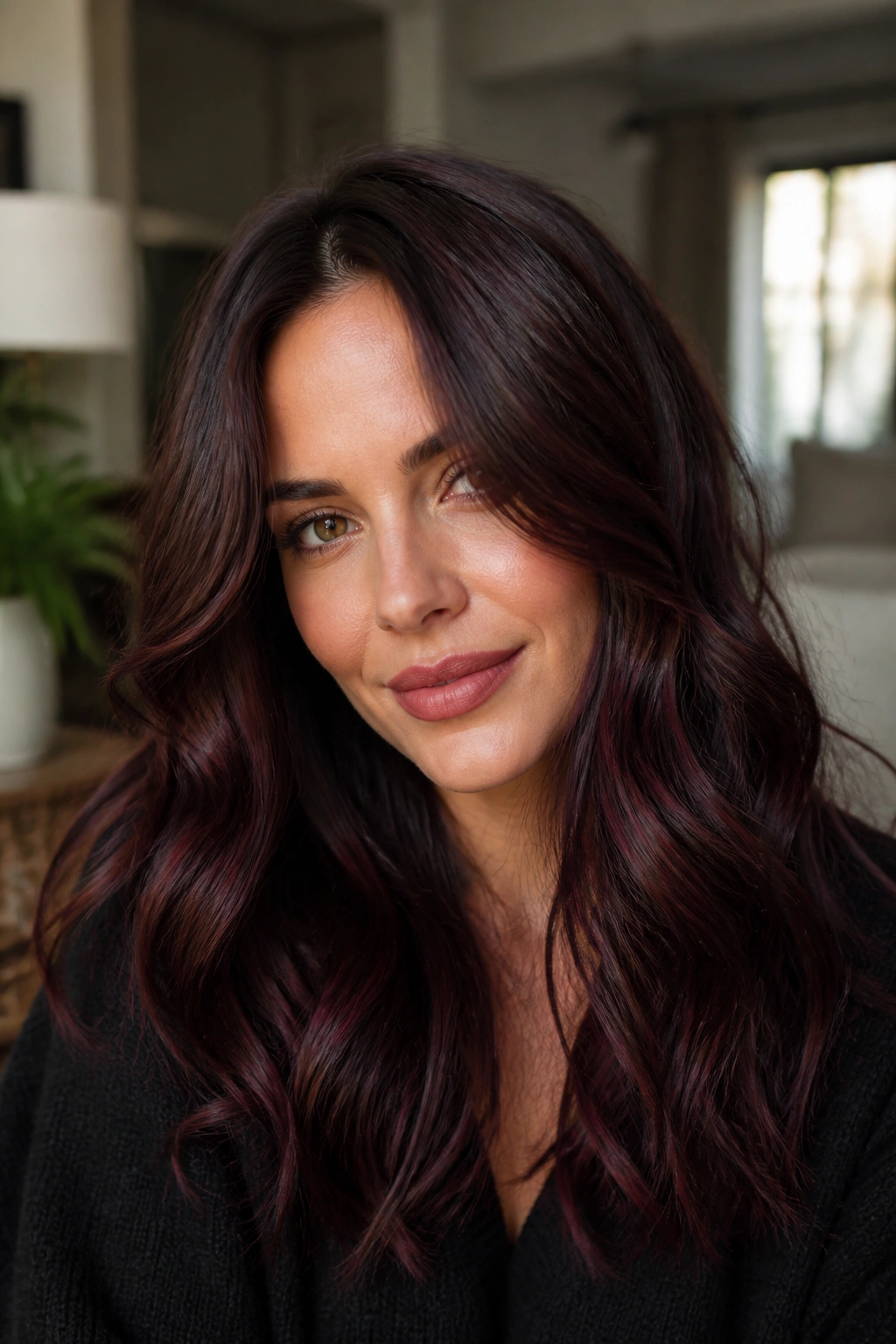 Close-up portrait of a real person with sable brown hair glossy in wine tones
