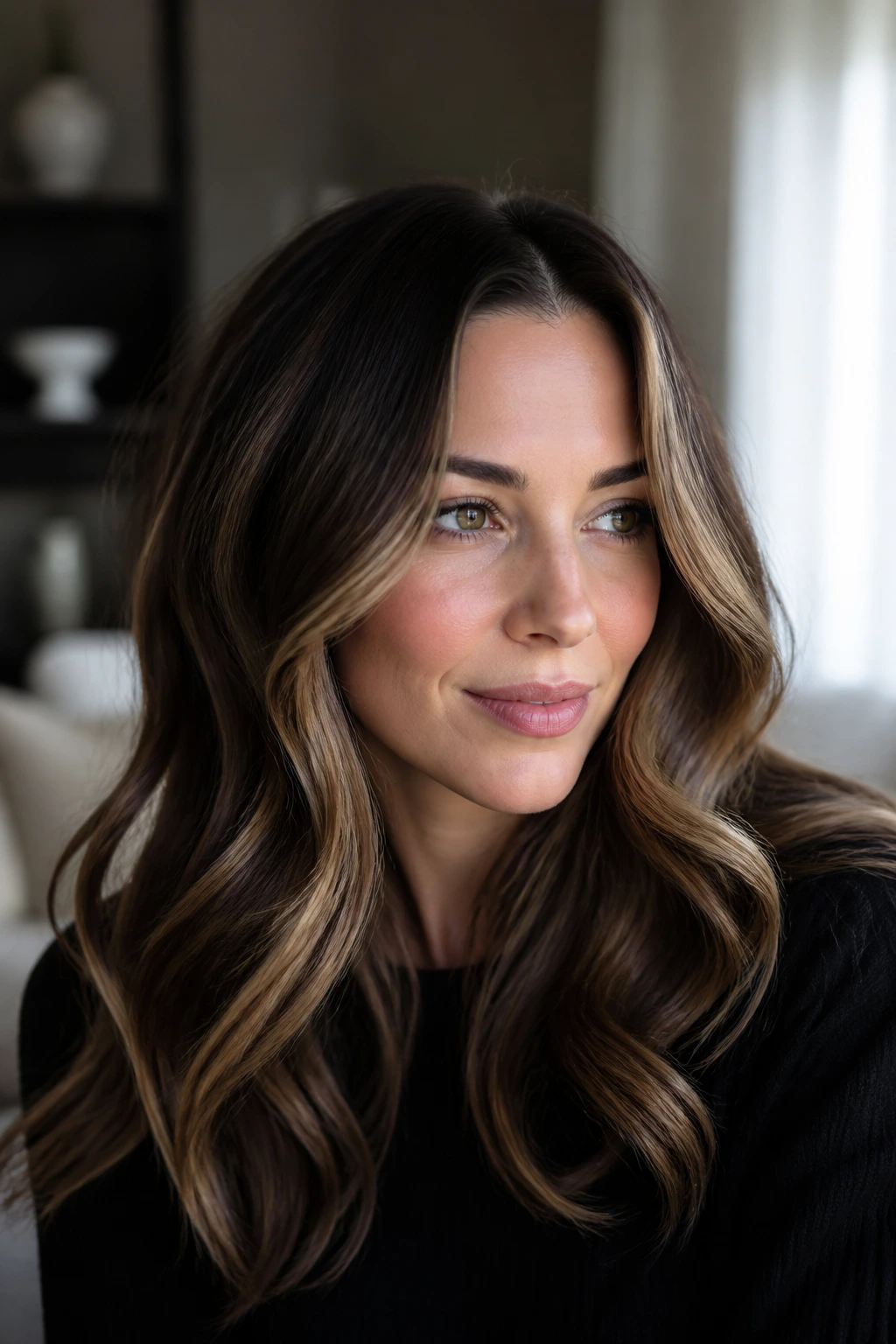 Close-up of a real person with Sable Brunette and Caramel Ribbon Highlights hair.