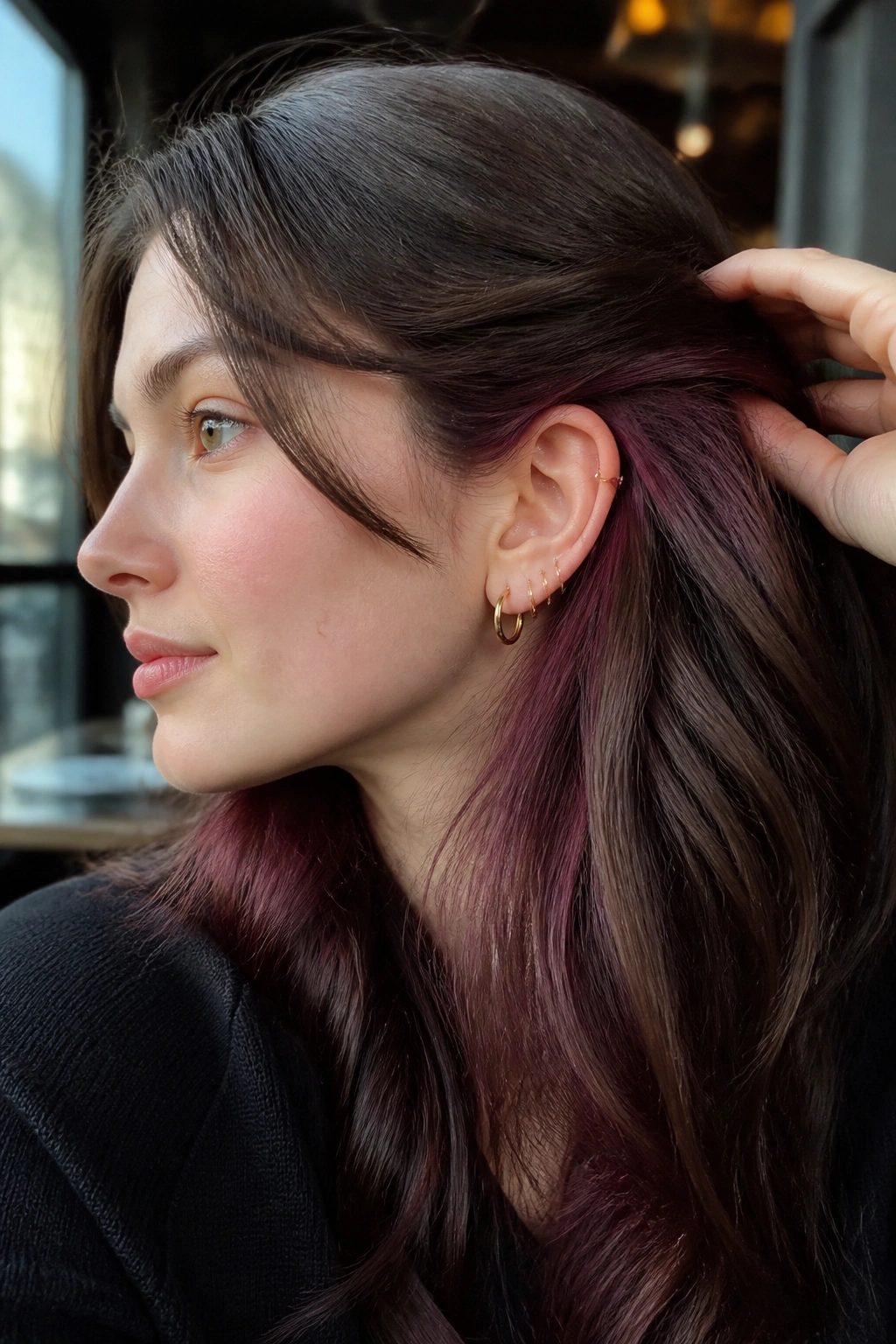 Peekaboo burgundy under sable top layer in real hair