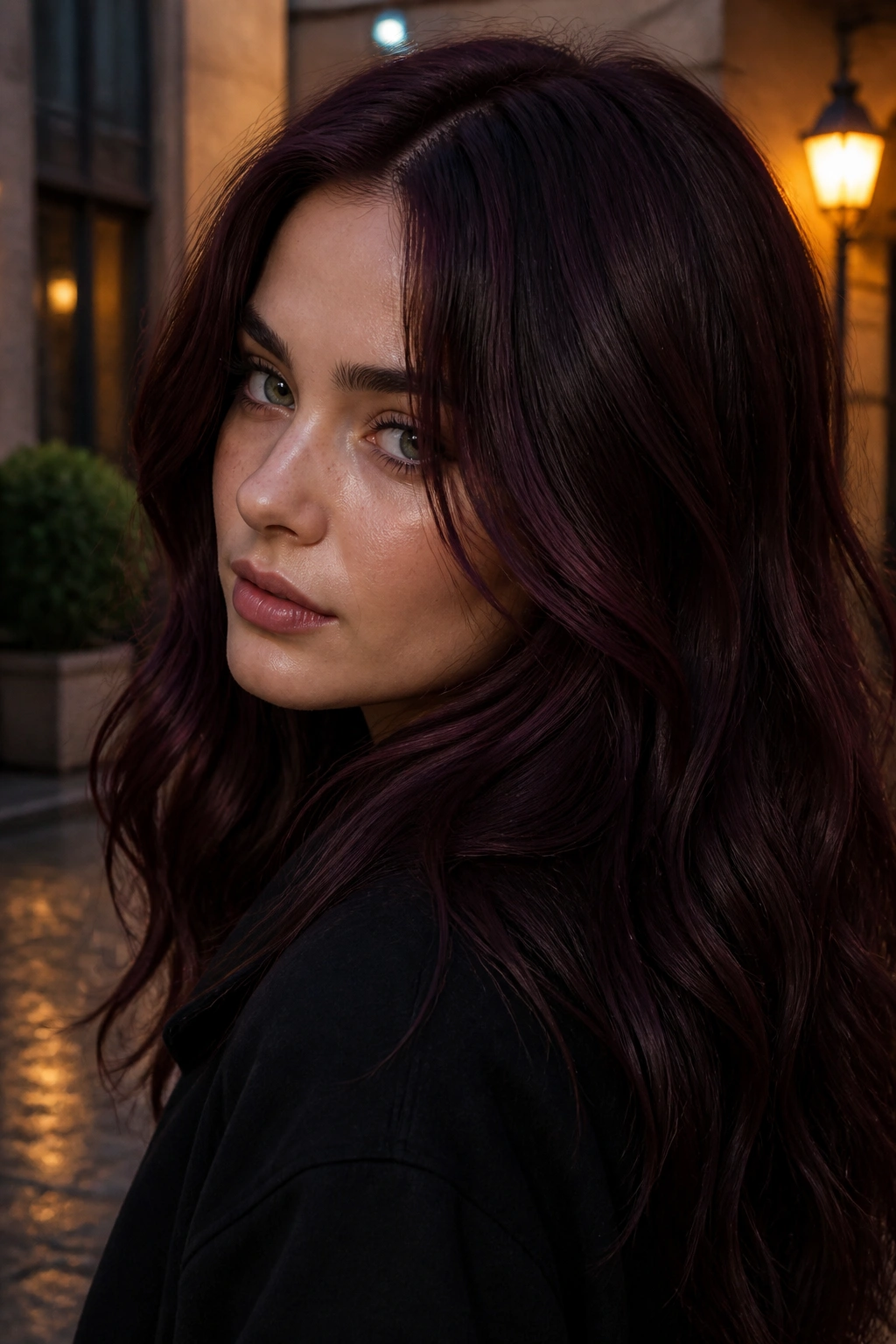 Close-up of a real person with Sable Burgundy Shadow hair showing deep brunette base with burgundy sheen