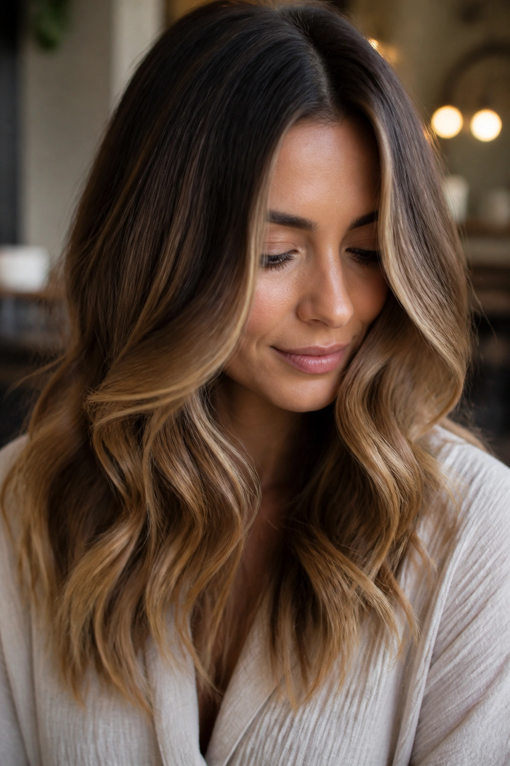 Close-up of sable-to-caramel balayage on dark brunette hair.