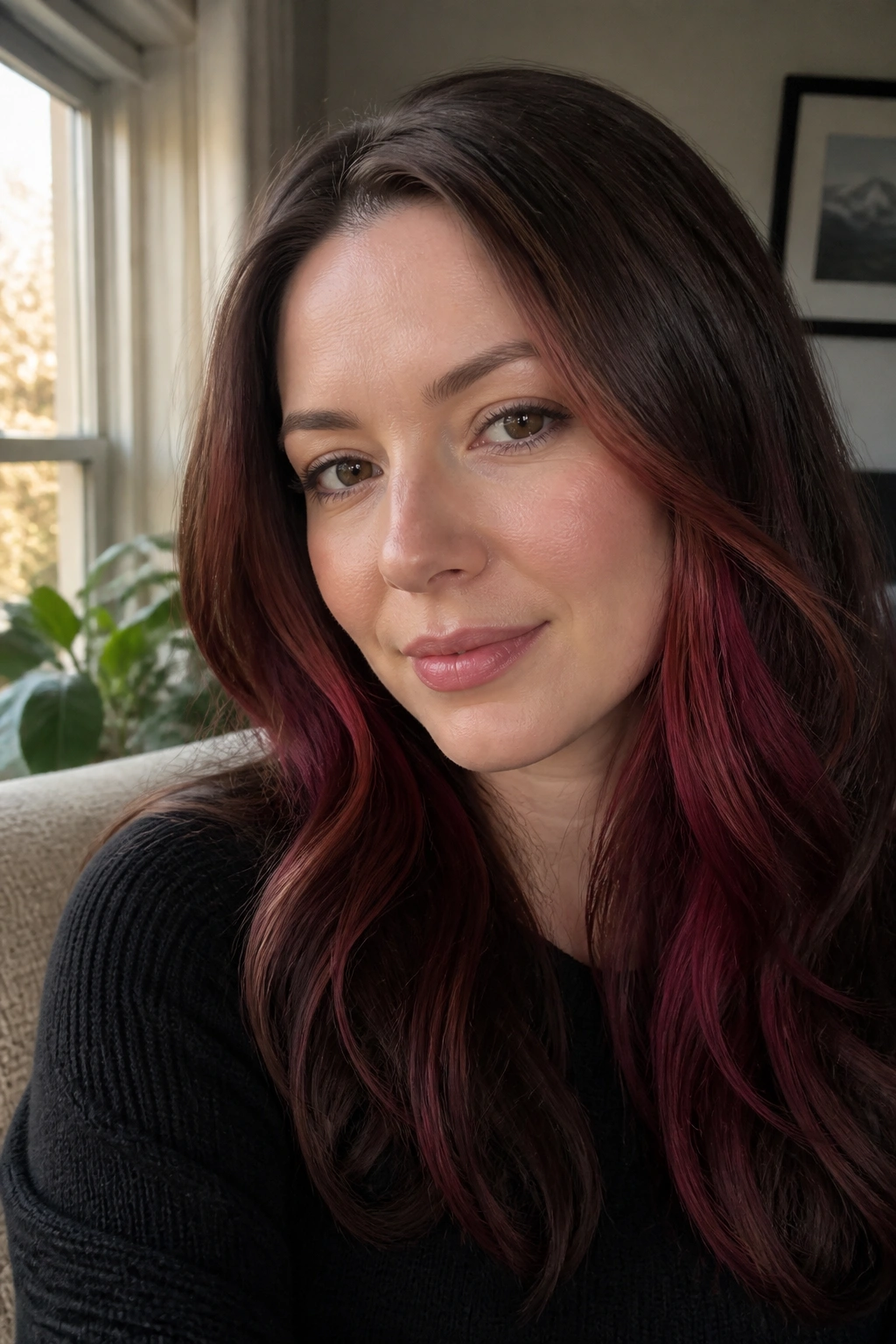 Close-up portrait of a real woman with sable brown hair and hidden cherry-red peekaboo panels at the front