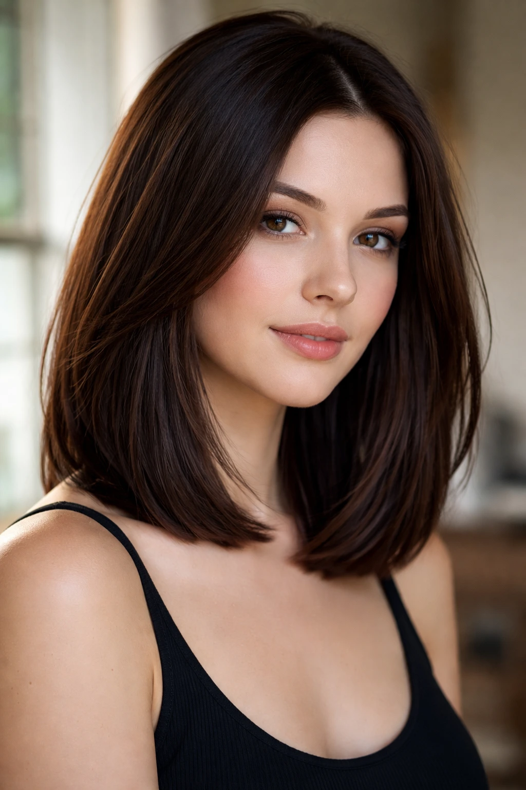 Real woman with sable chestnut lob hair