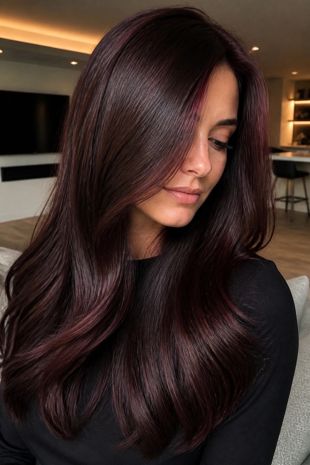 Sable chocolate hair with cranberry sheen in a modern room