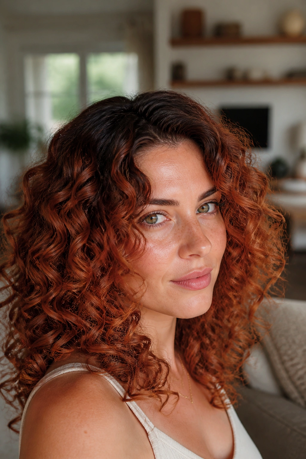 Close-up portrait of a real woman with sable ginger copper curls and dark roots.