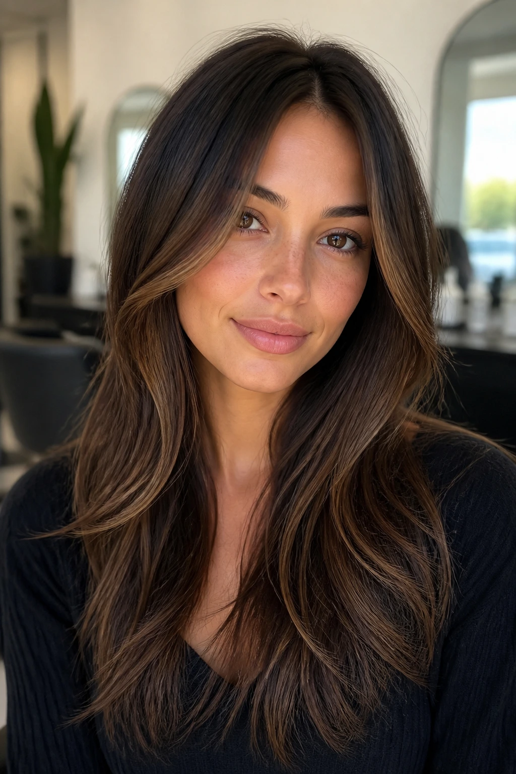 Close-up of long layered hair with sable brown highlights