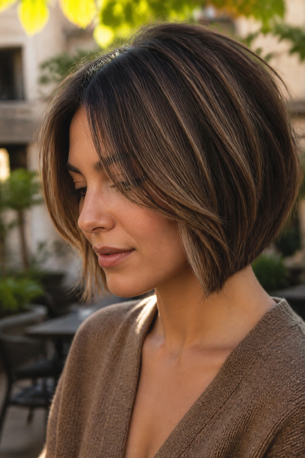 Close-up portrait of a woman with sable base and honey micro-ribbons in a bob.