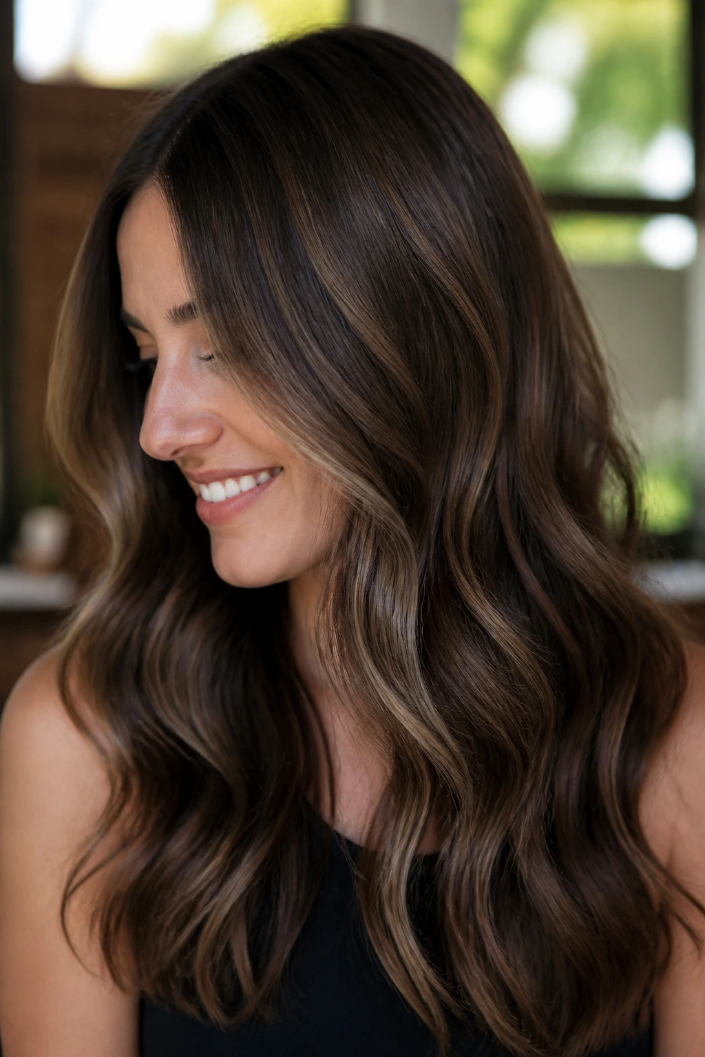 Face-forward close-up of brown hair with sable low-contrast highlights