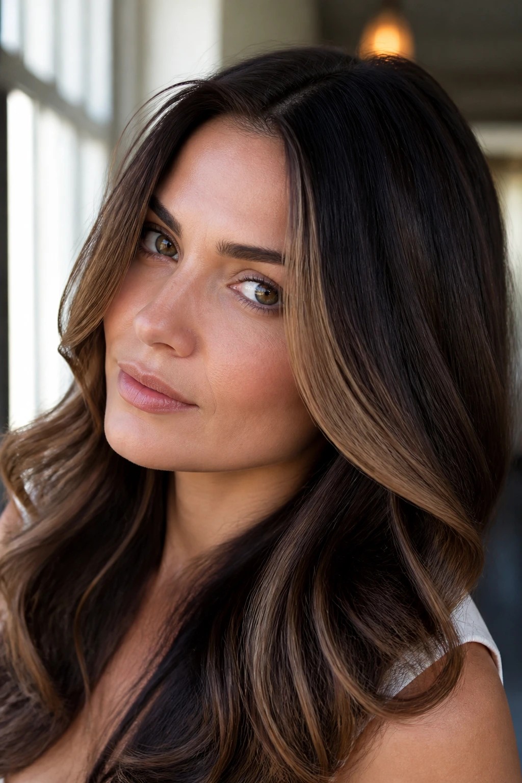 Close-up portrait of brunette with sable lowlights adding depth along layered ends