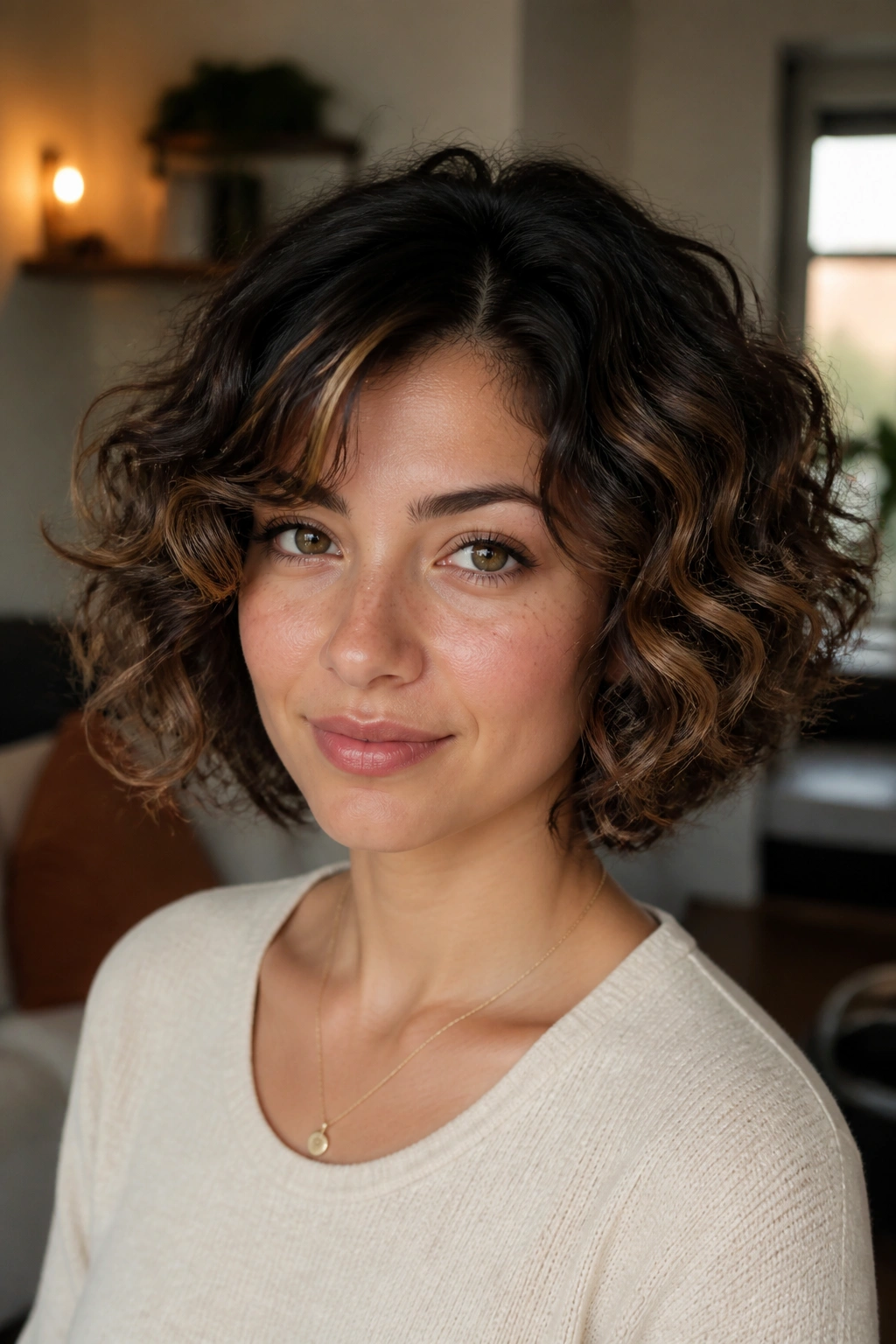 Close-up of a woman with curly bob and sable ribbon lights in outer curls