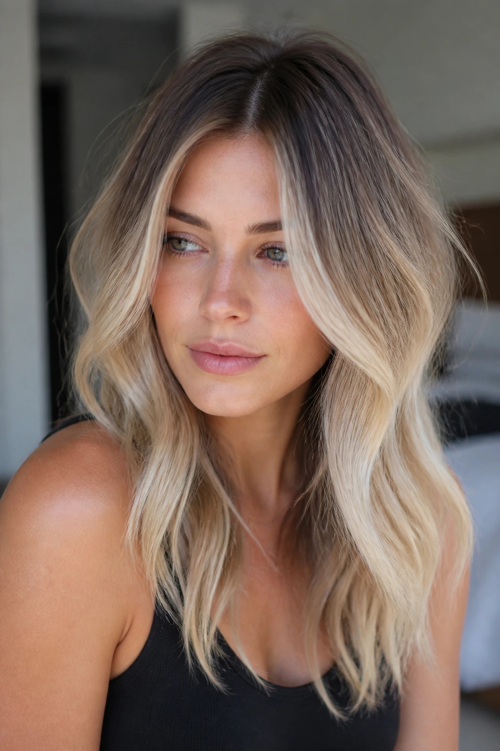 Close-up of sable roots blending into creamy blonde lengths on a real woman