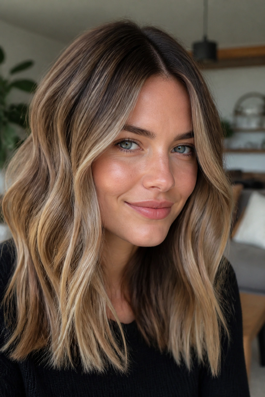 Close-up of a real person with sable-sand balayage on mid-lengths and ends