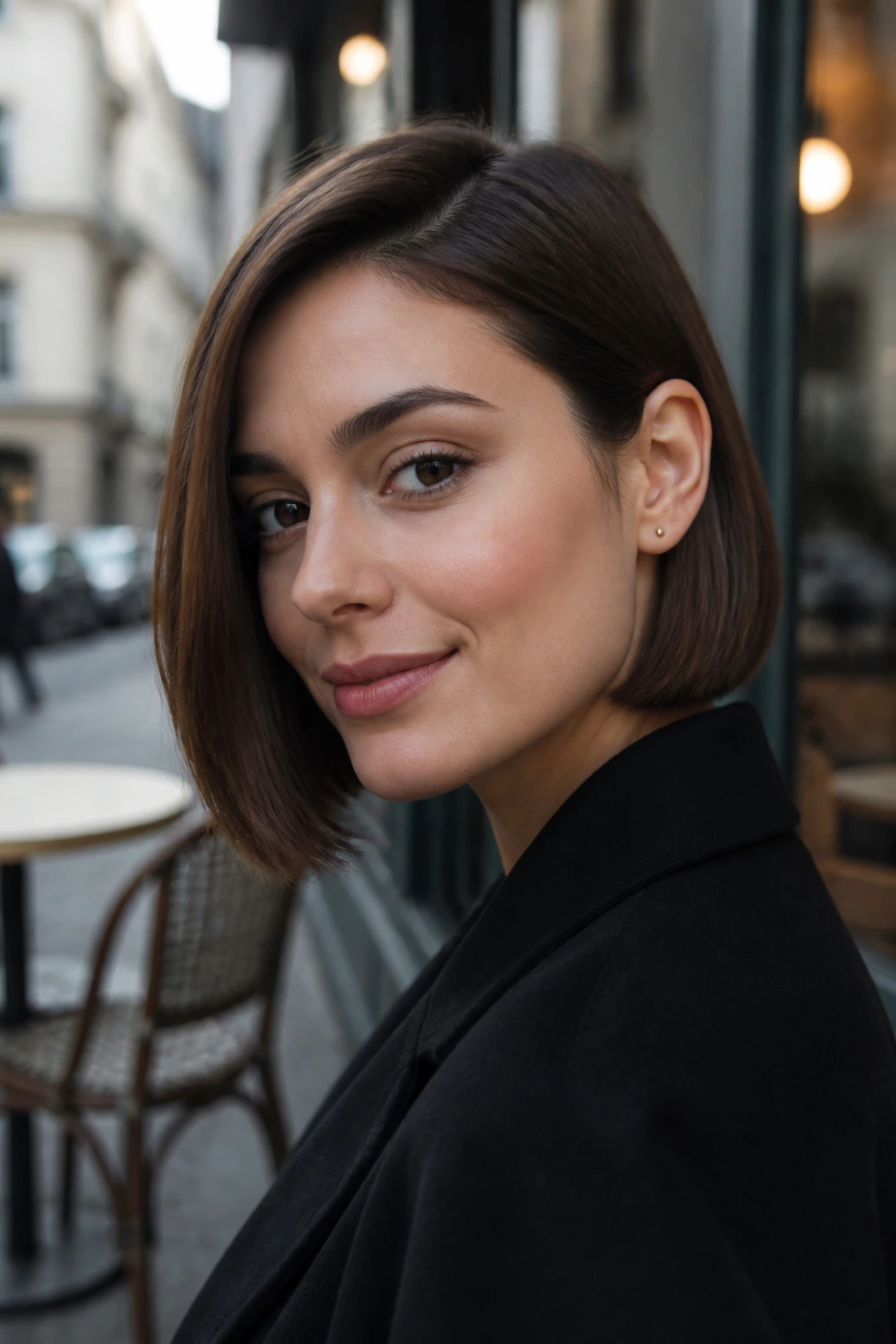 Portrait of a woman with a Sable Sleek Bob and tucked ear