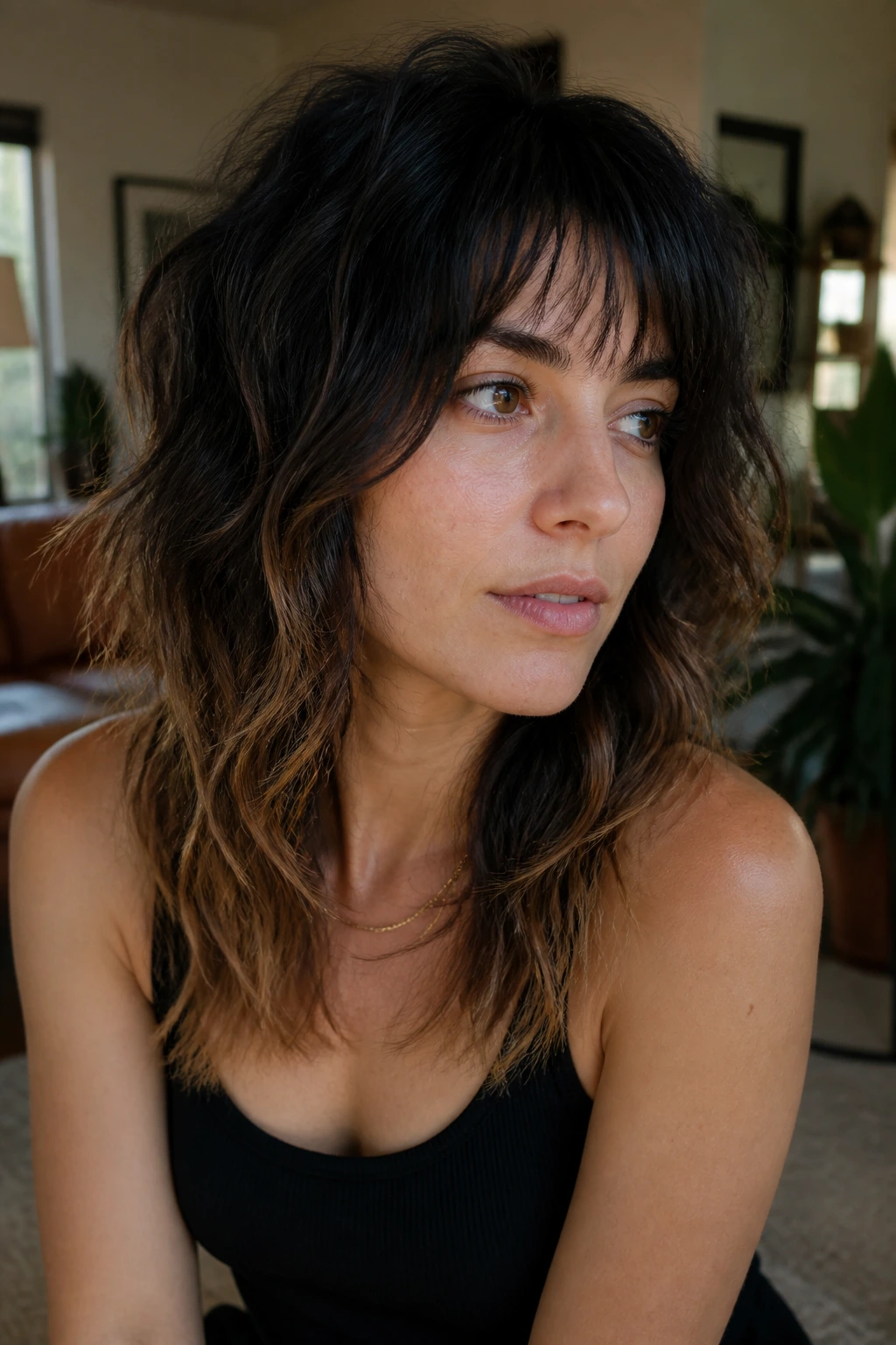 Real woman with sable-to-toffee ombre shag.