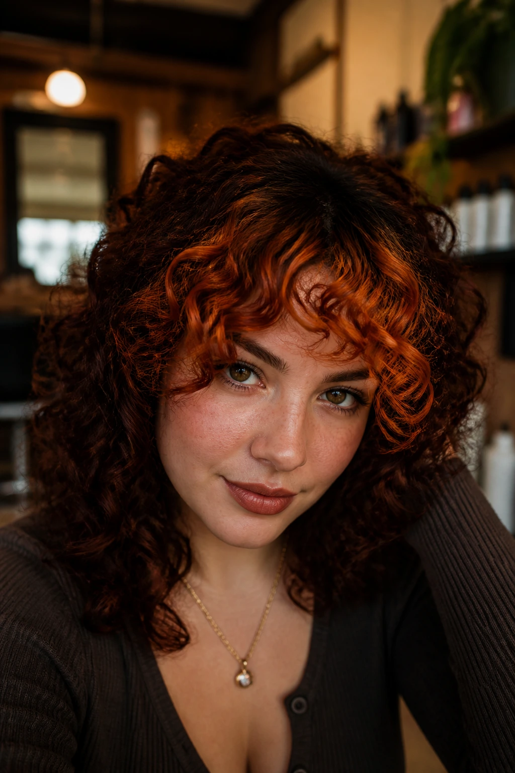 Close-up of saffron copper fringe framing the face on a real person