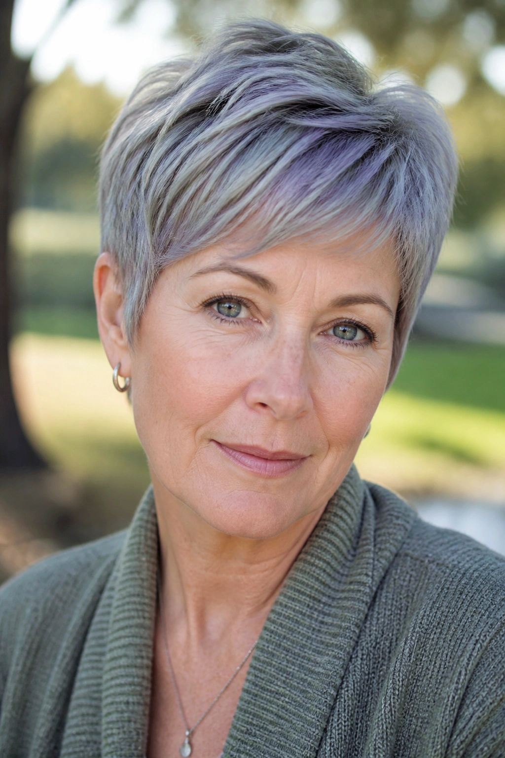 Close-up portrait of a real woman with a sage-lavender soft crop featuring muted green-gray and purple tones.