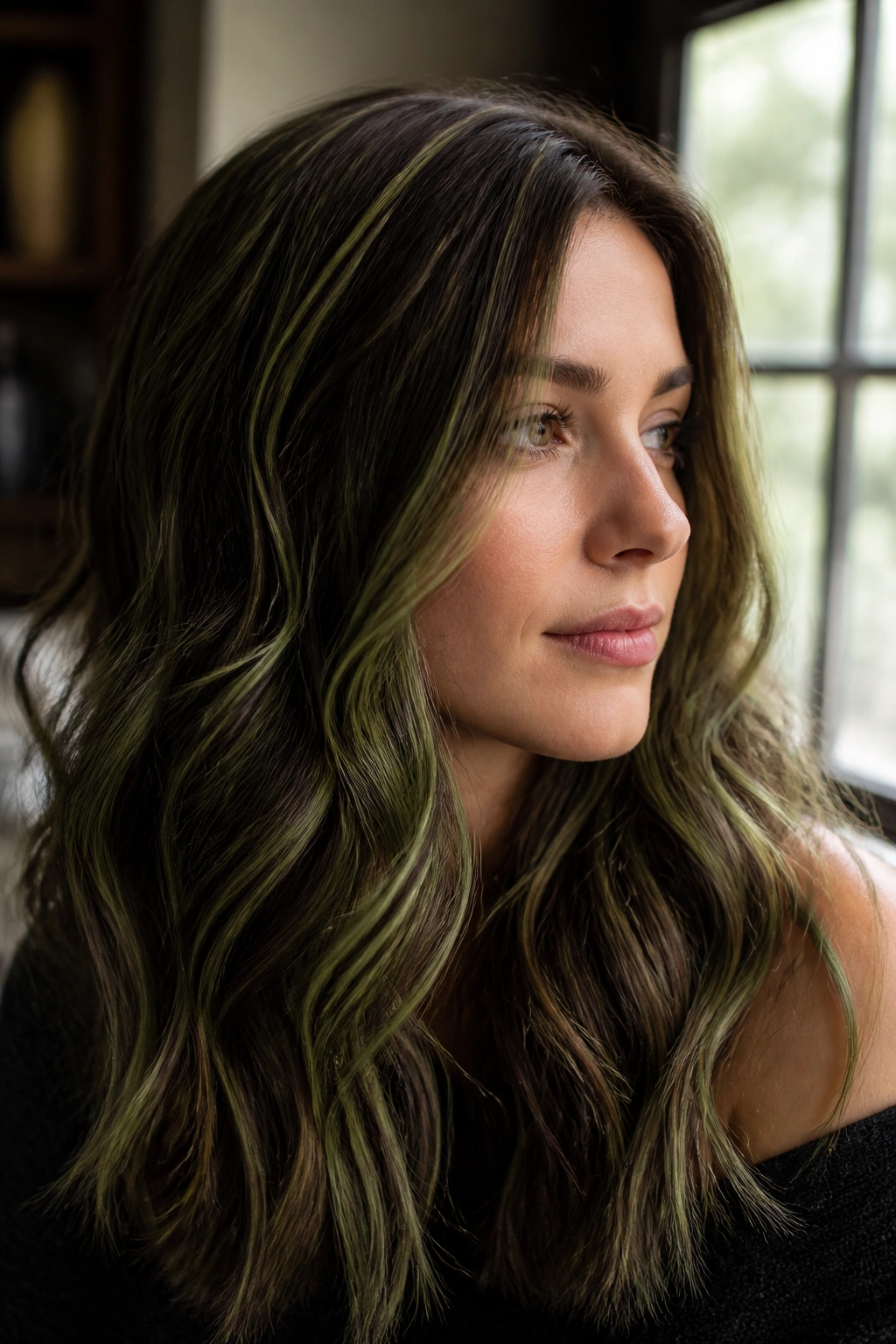 Close-up of brunette with sage threadlights for a soft muted finish