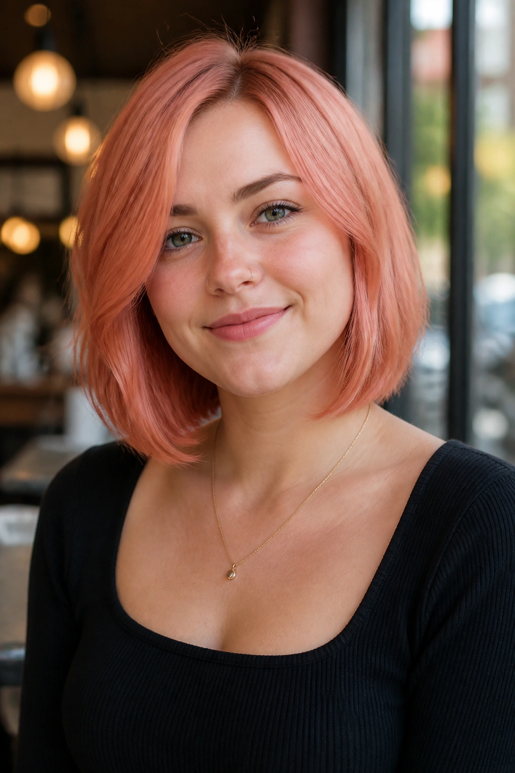 Close-up of a real woman with salmon pink French bob