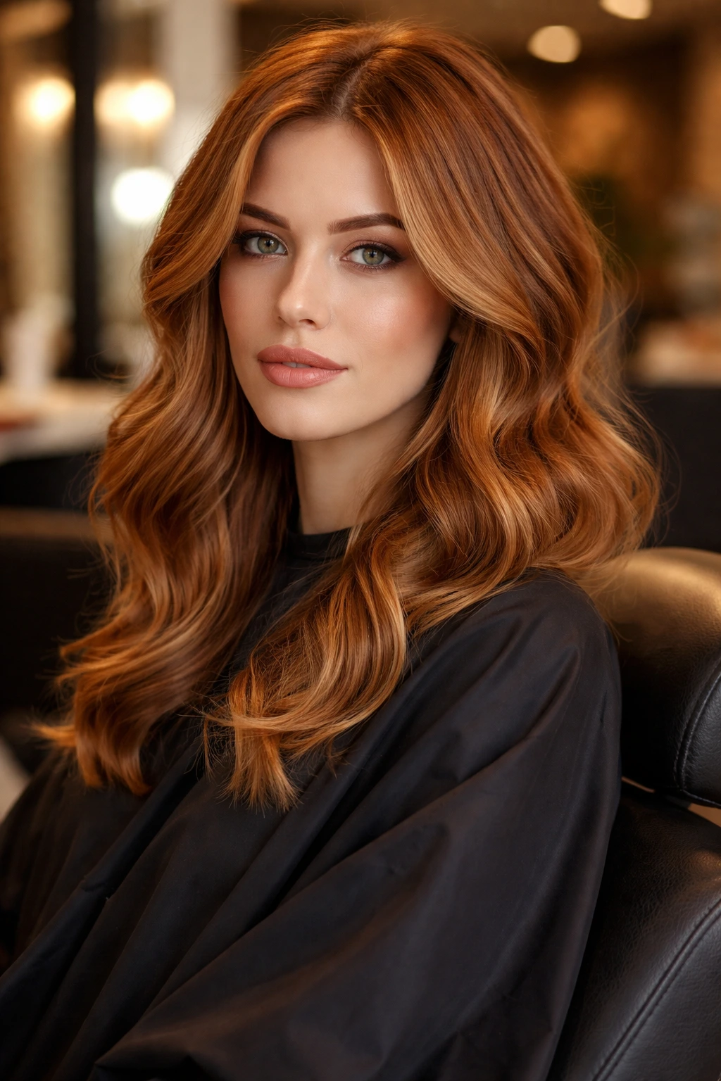 Portrait of a person with copper hair in a salon chair representing choosing the right colorist