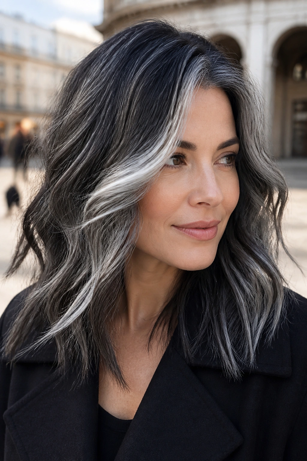 Close-up of a real woman with ash-silver-black balayage on cool skin tones.