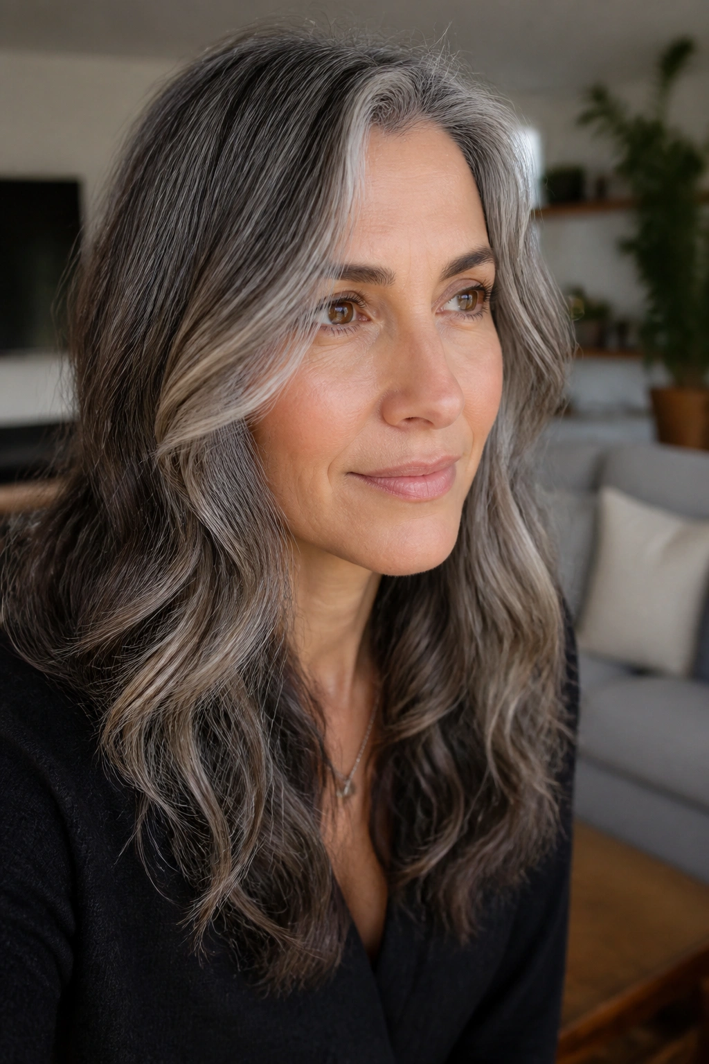 Close-up of salt-and-pepper balayage on a real person's hair