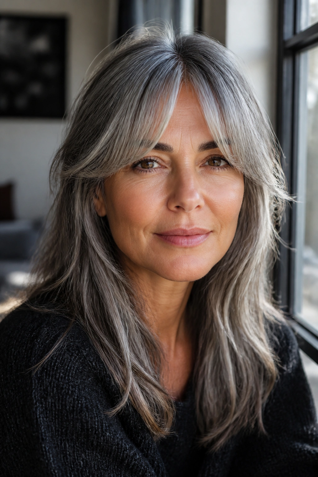 Close-up of a real person with salt and pepper bangs and a soft middle part