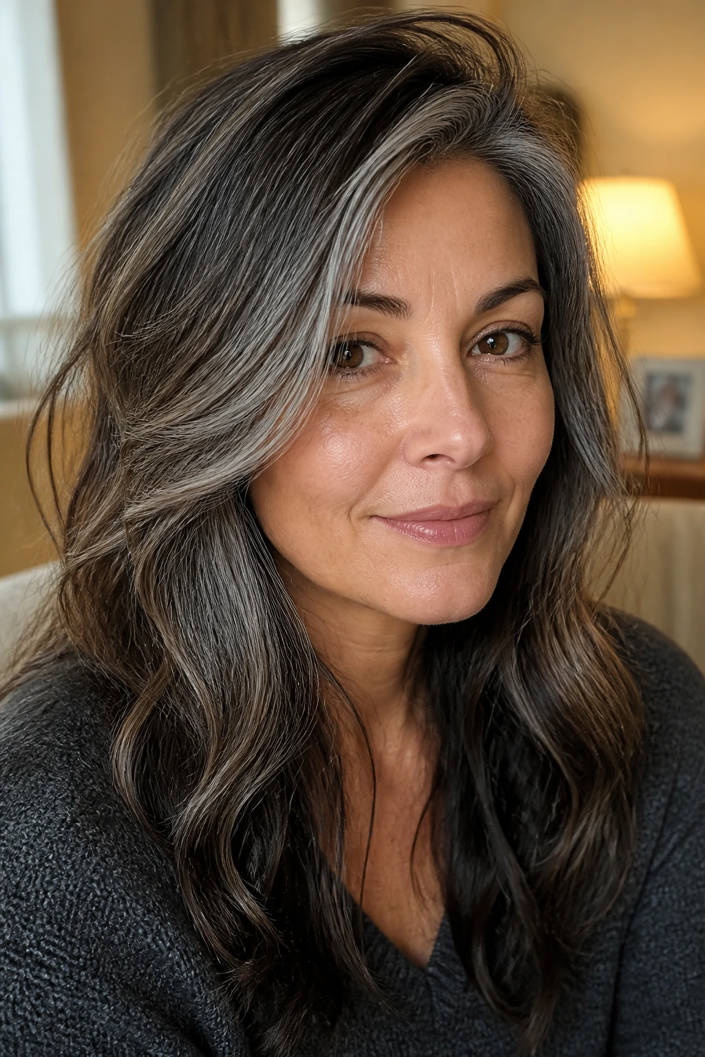 Close-up of salt-and-pepper blend on brown hair