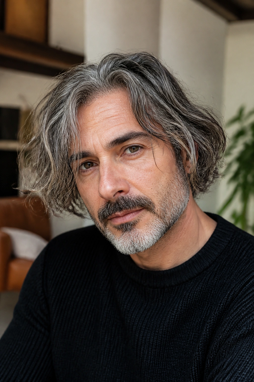 Close-up of a man with a messy salt-and-pepper bob