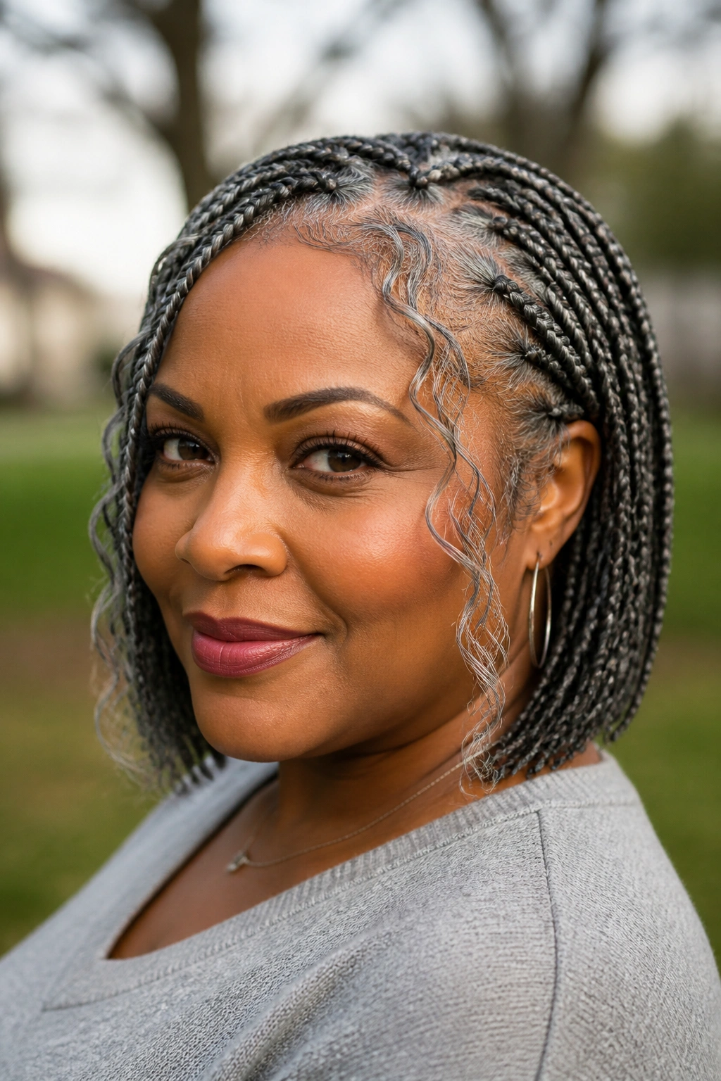 Real person with salt-and-pepper braids and loose edges around the face.