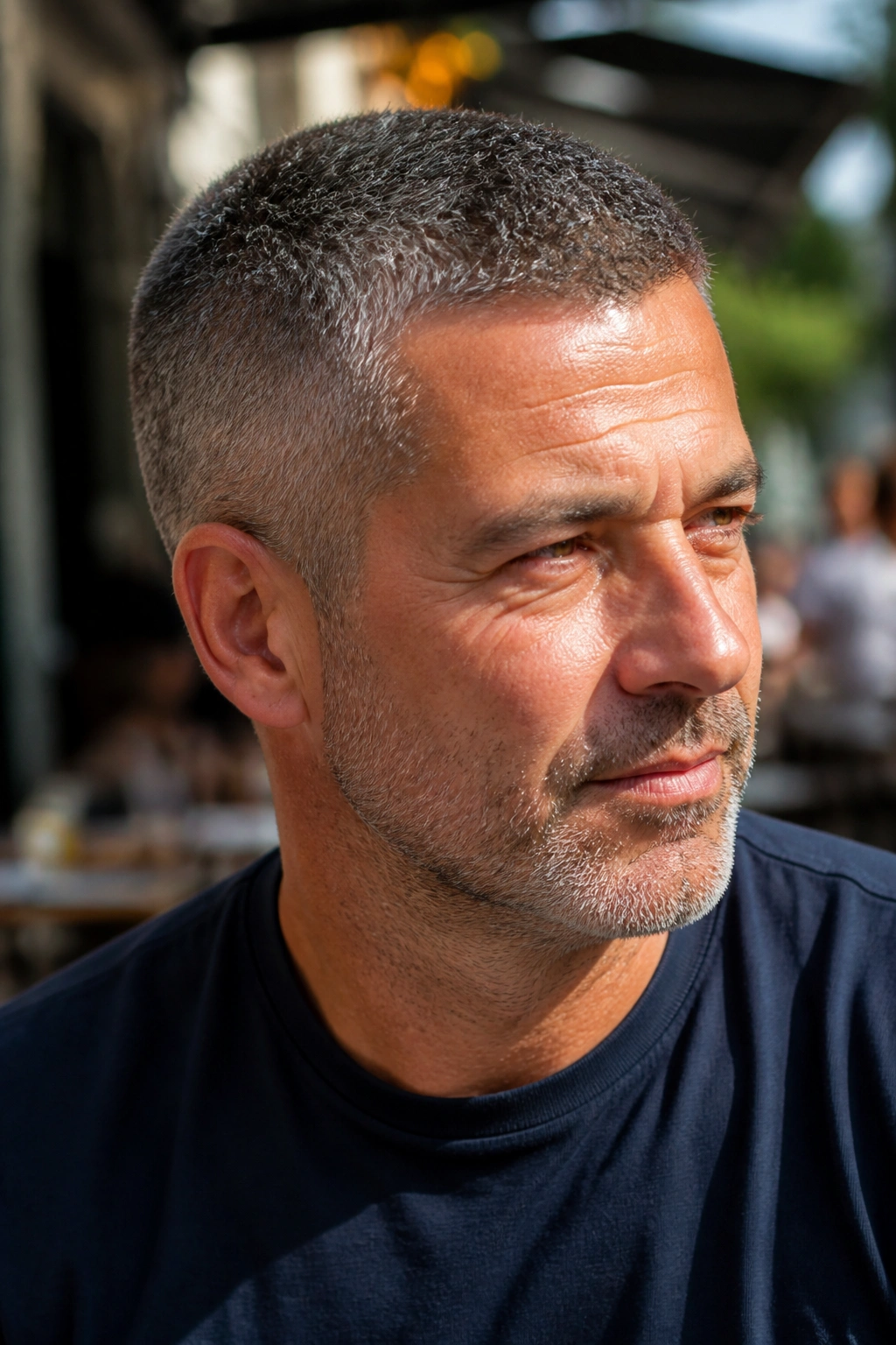 Close-up of a man with a salt-and-pepper crew cut in natural light