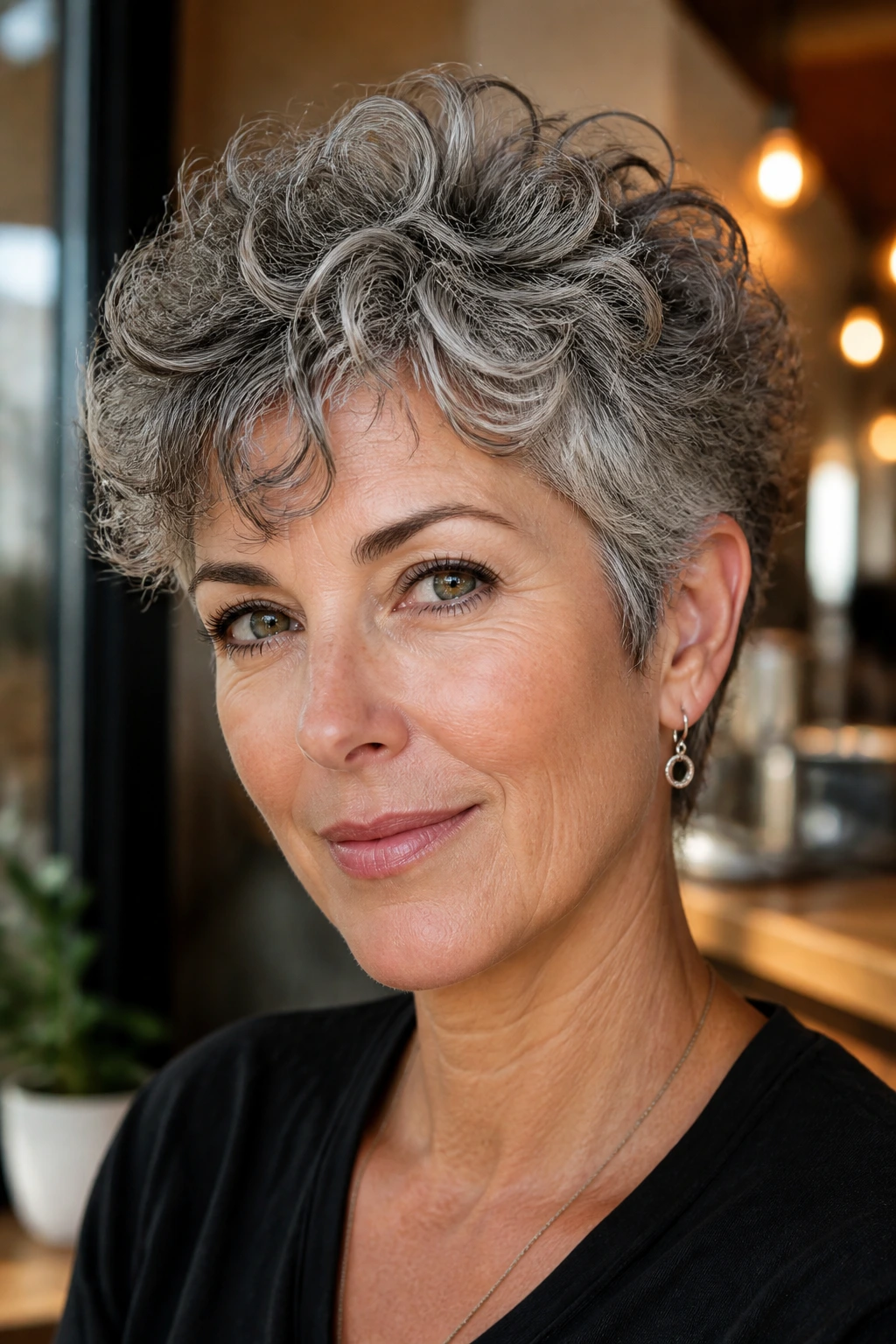Close-up of a real woman with salt-and-pepper curly pixie and soft layers