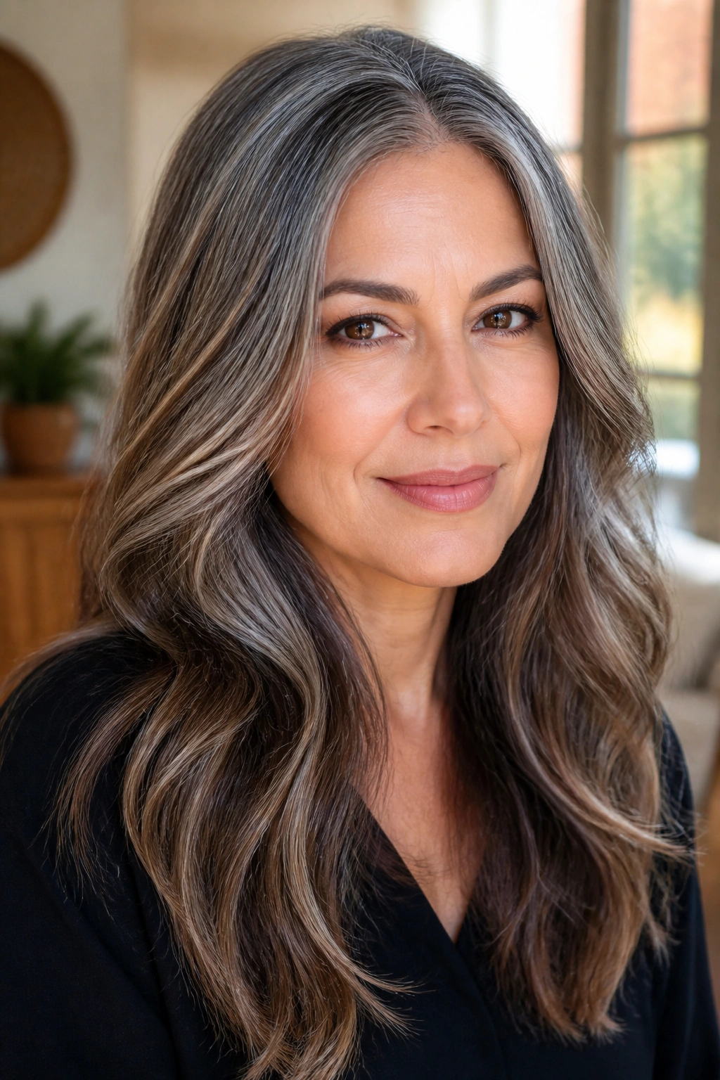Close-up of real person with salt-and-pepper dimensional brown balayage
