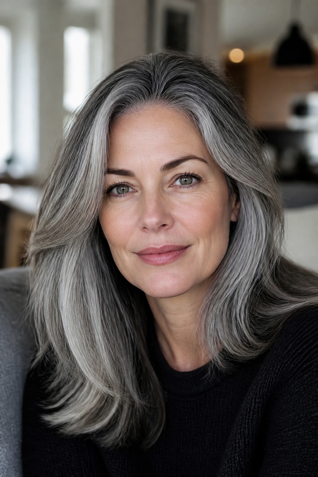 Close-up portrait of a real woman with a soft salt-and-pepper gray hair blend