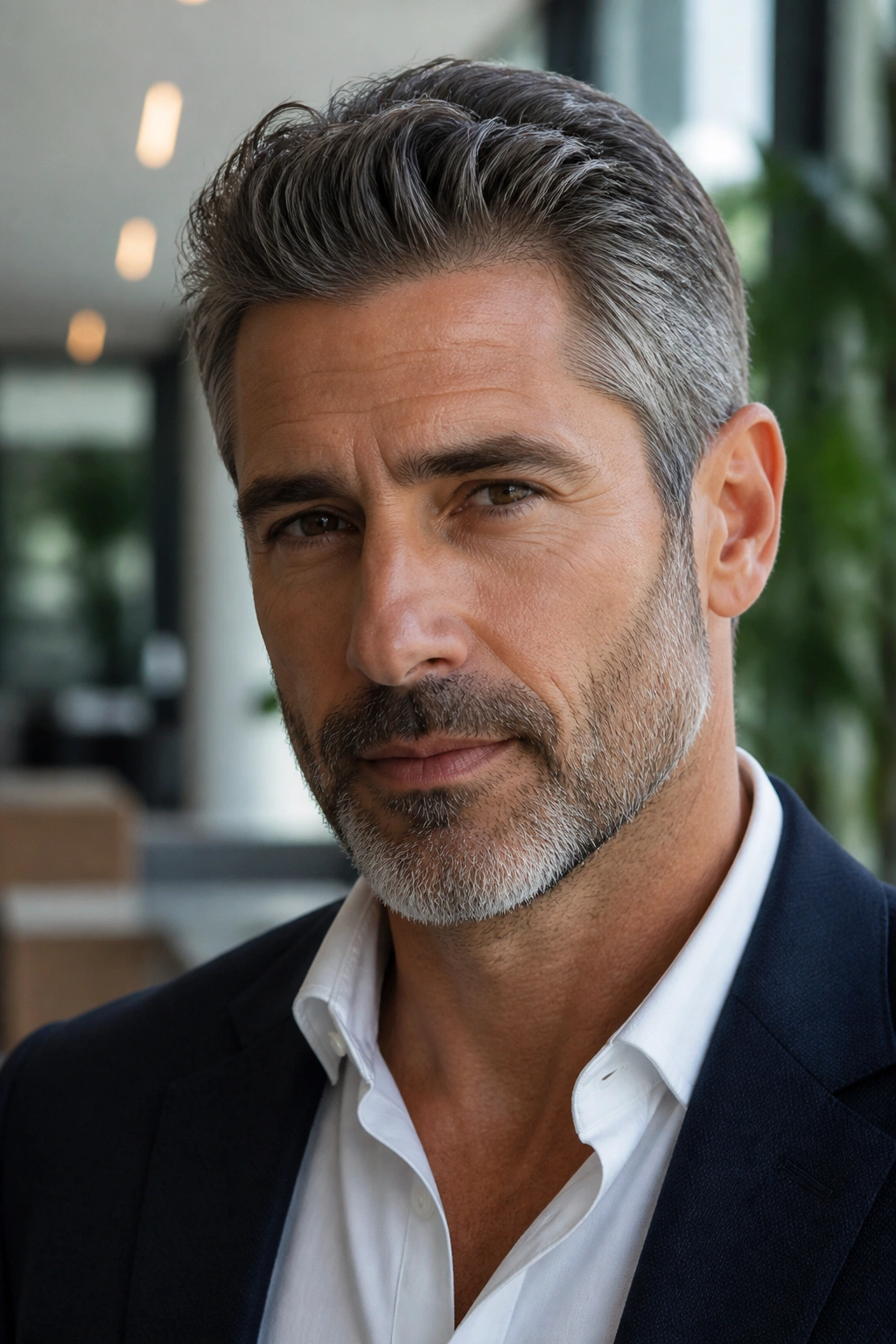 Close-up portrait of a man with salt-and-pepper hair in a modern setting