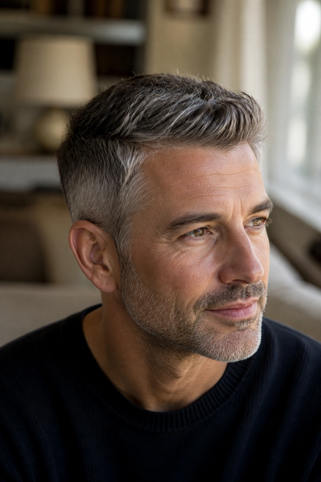 Close-up of a man with salt-and-pepper hair in a short textured crop, warm window light.