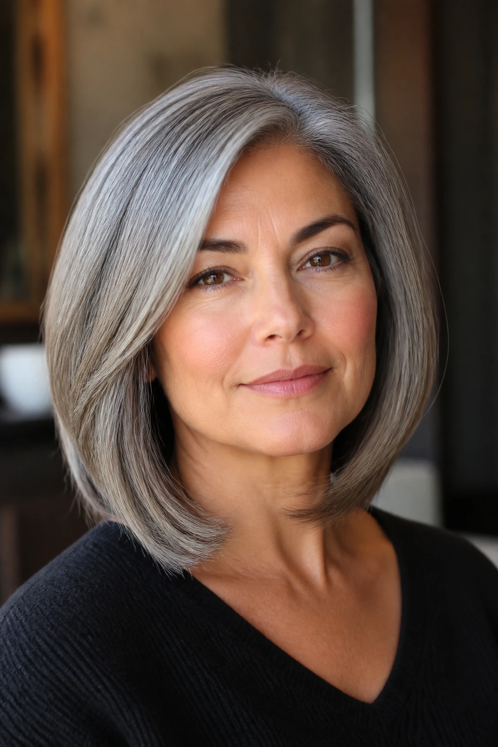 Portrait of a real woman with salt-and-pepper long bob with beveled ends.
