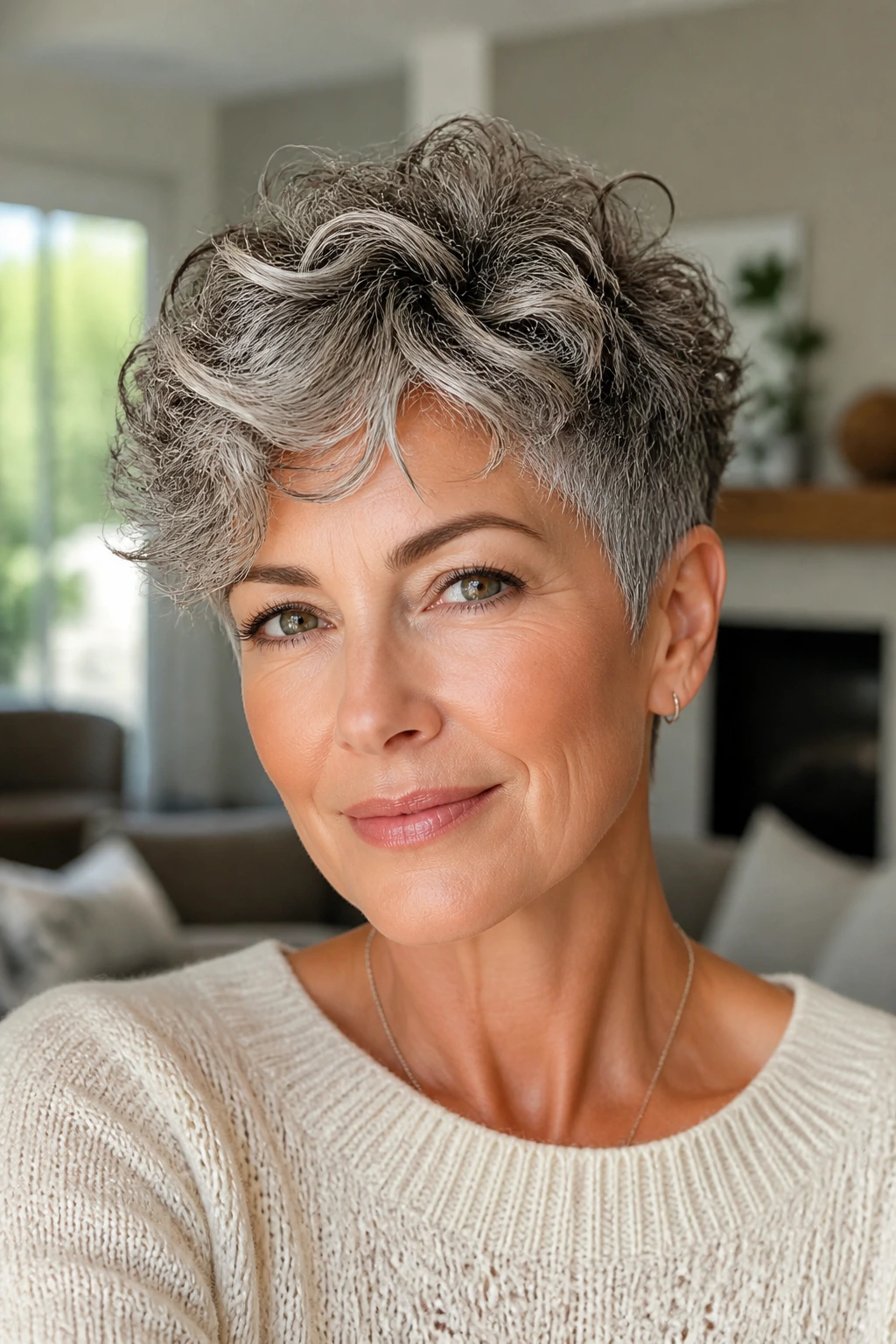 Real person with salt-and-pepper curly pixie and floaty crown layers in natural light