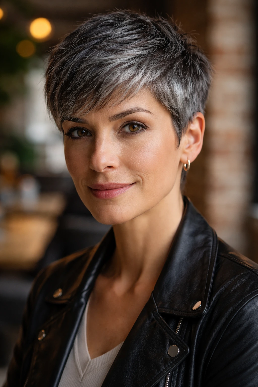 Close-up of a real person with salt-and-pepper pixie hairstyle